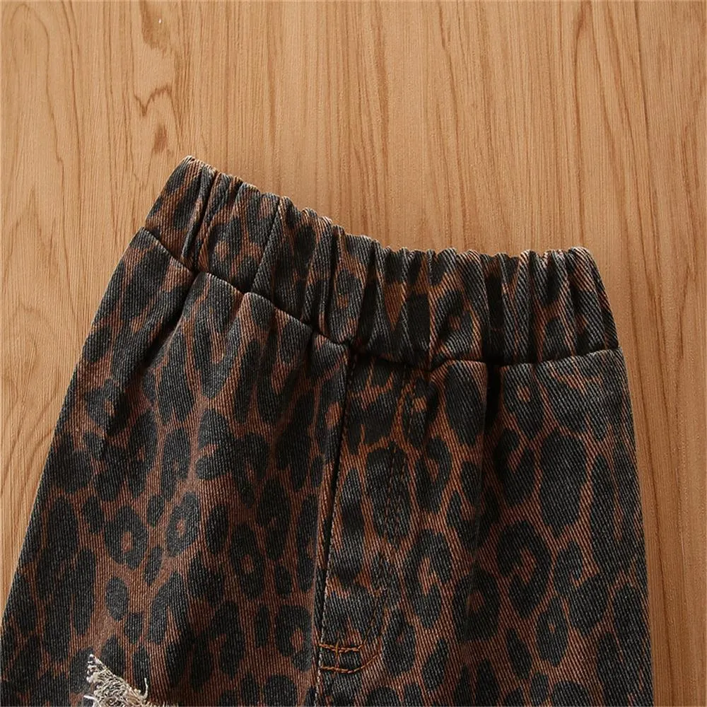 Girls Denim Leopard Flared Ripped Wide Leg Pants Wholesale