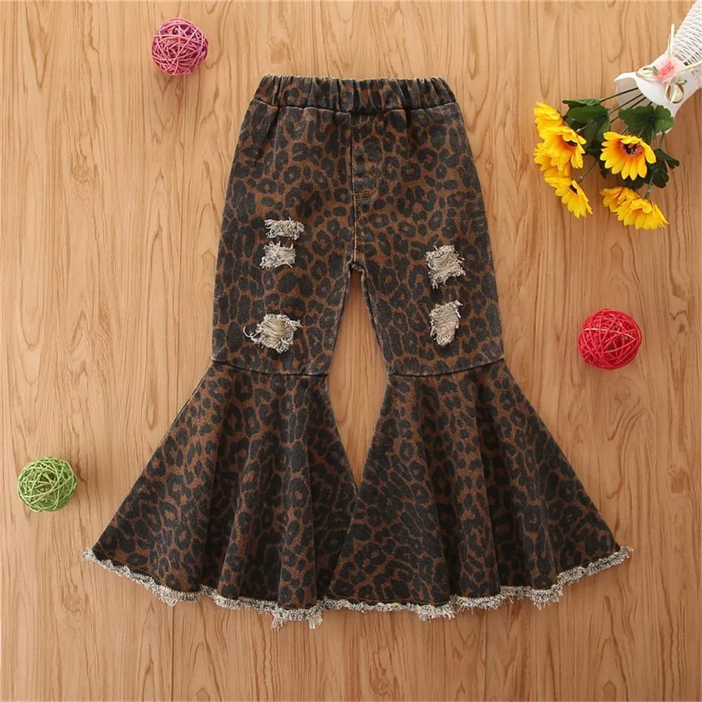 Girls Denim Leopard Flared Ripped Wide Leg Pants Wholesale