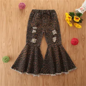 Girls Denim Leopard Flared Ripped Wide Leg Pants Wholesale