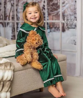 Girls Luxury Green Velvet Frill Pyjamas