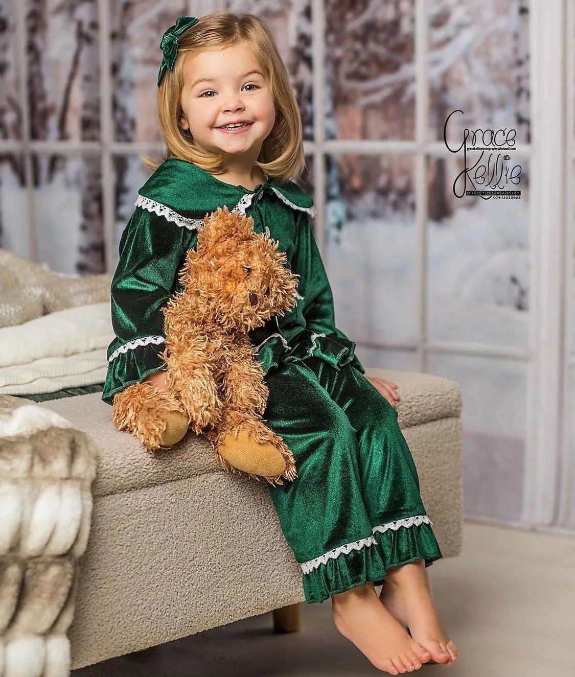 Girls Luxury Green Velvet Frill Pyjamas