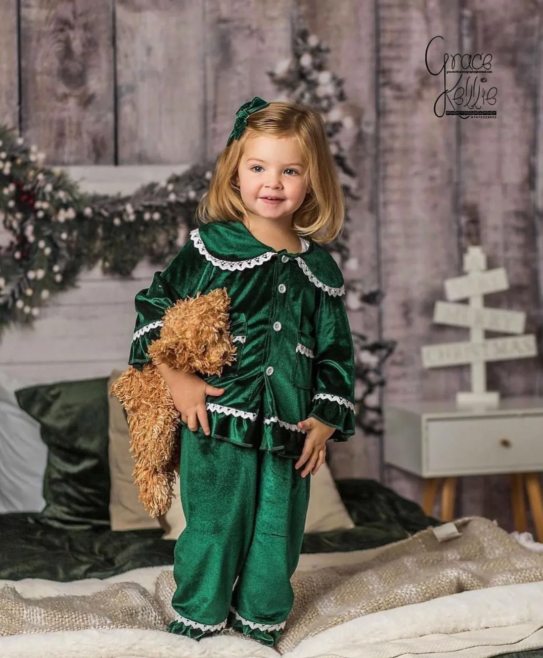 Girls Luxury Green Velvet Frill Pyjamas
