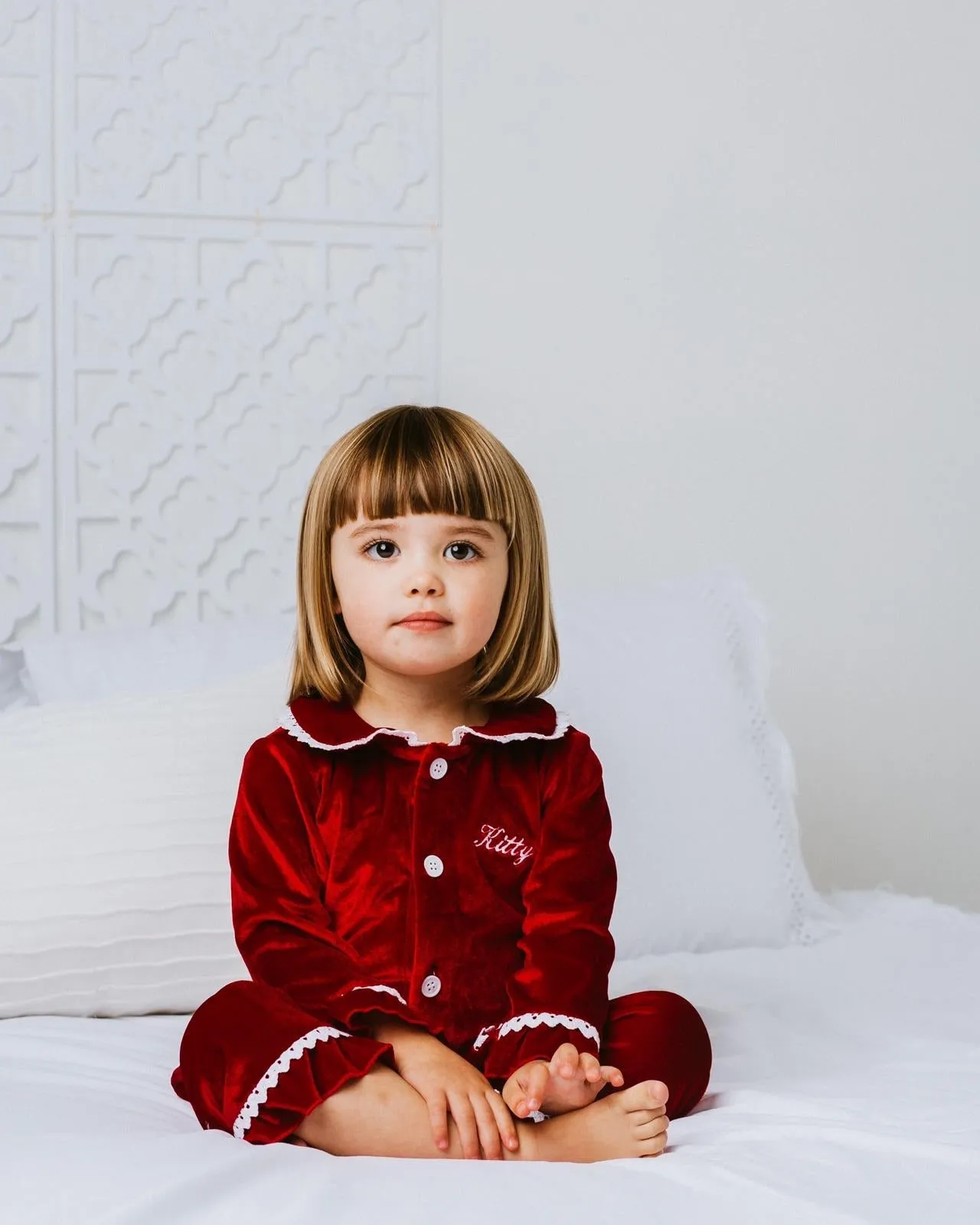 Girls Luxury Red Velvet Frill Pyjamas