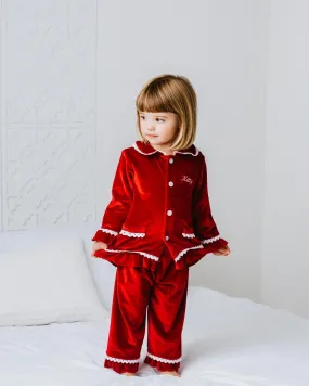 Girls Luxury Red Velvet Frill Pyjamas