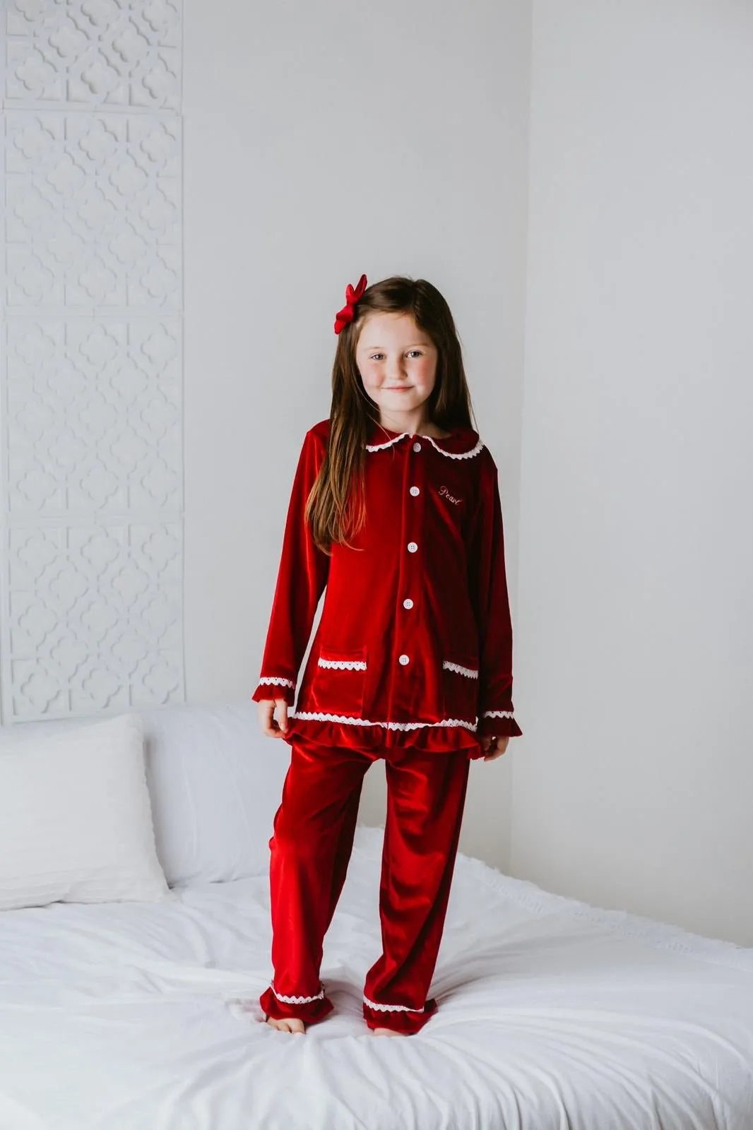 Girls Luxury Red Velvet Frill Pyjamas