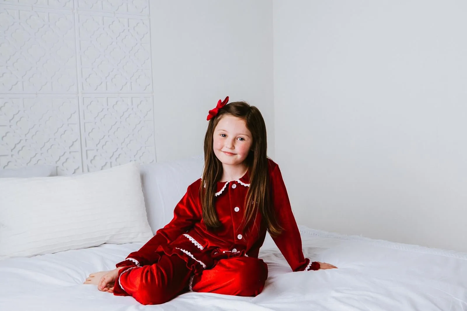 Girls Luxury Red Velvet Frill Pyjamas