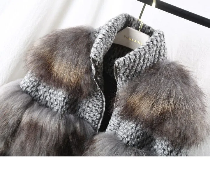 Grey Real Fur Natural Raccoon Fur Woolen Coat