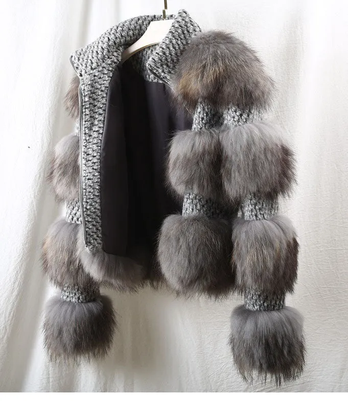 Grey Real Fur Natural Raccoon Fur Woolen Coat