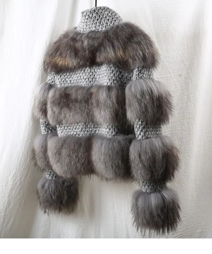 Grey Real Fur Natural Raccoon Fur Woolen Coat