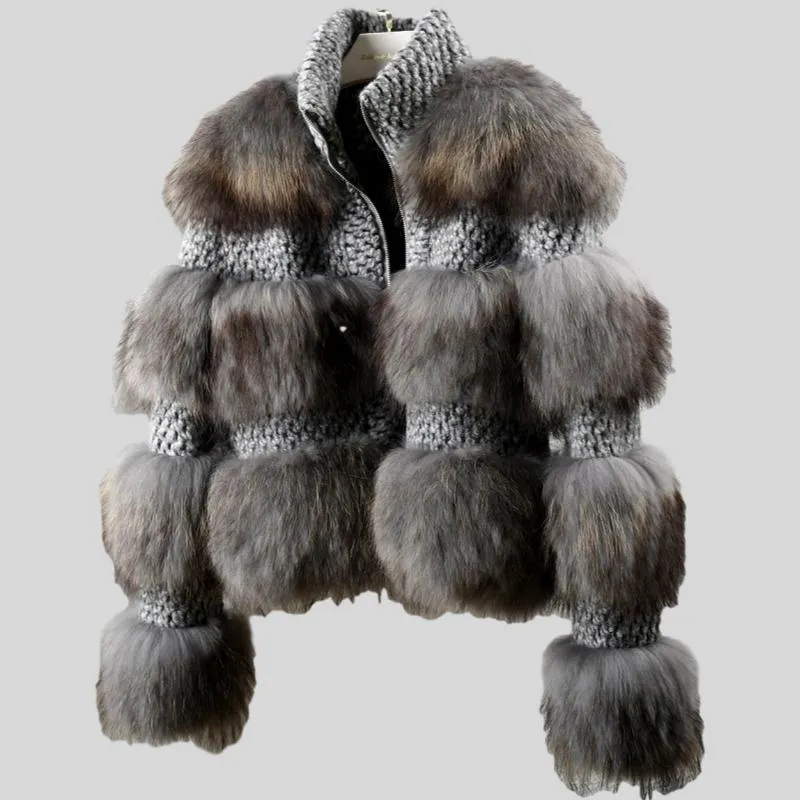 Grey Real Fur Natural Raccoon Fur Woolen Coat