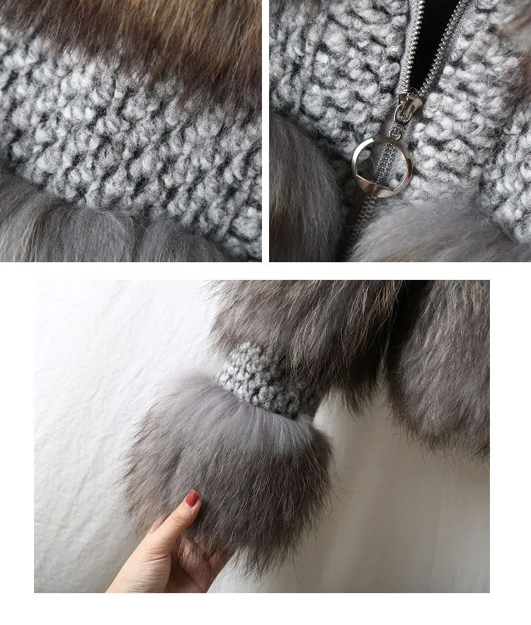Grey Real Fur Natural Raccoon Fur Woolen Coat