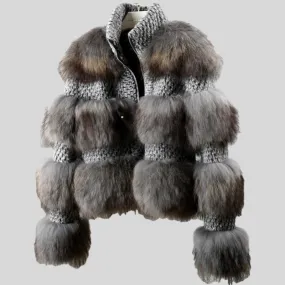 Grey Real Fur Natural Raccoon Fur Woolen Coat