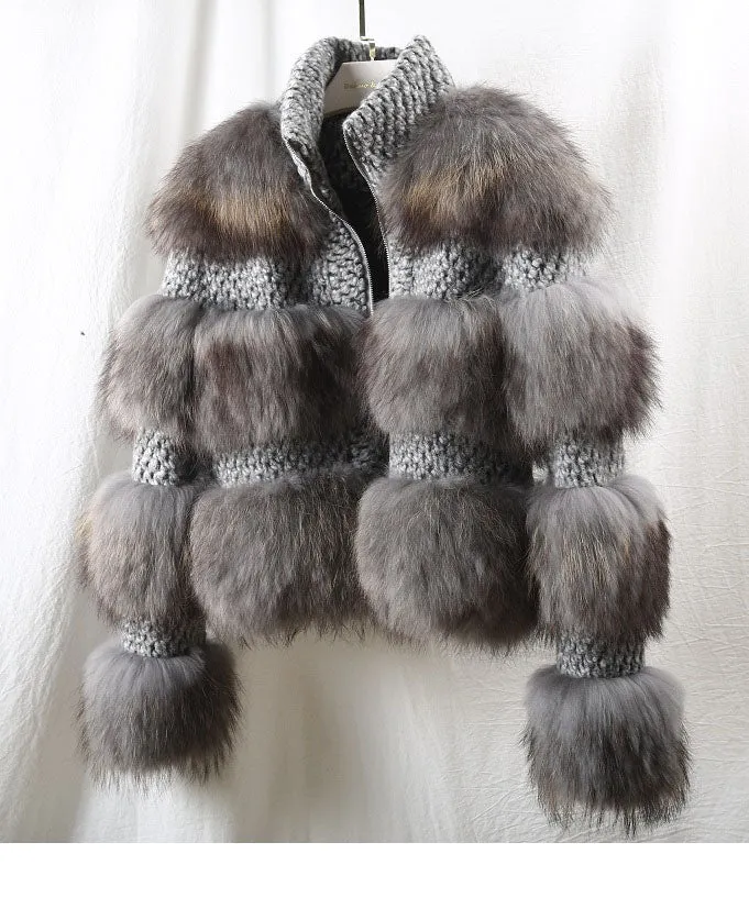 Grey Real Fur Natural Raccoon Fur Woolen Coat