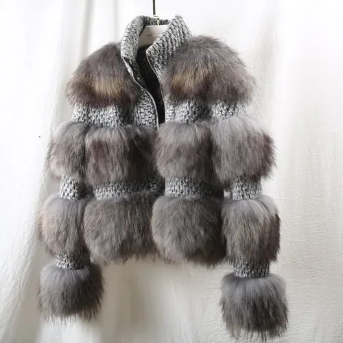 Grey Real Fur Natural Raccoon Fur Woolen Coat