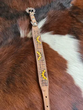 Hand Painted Sunflower leather dog collar with copper buckle.