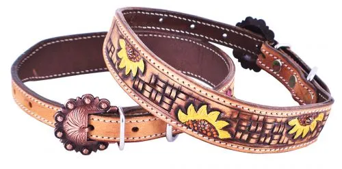 Hand Painted Sunflower leather dog collar with copper buckle.