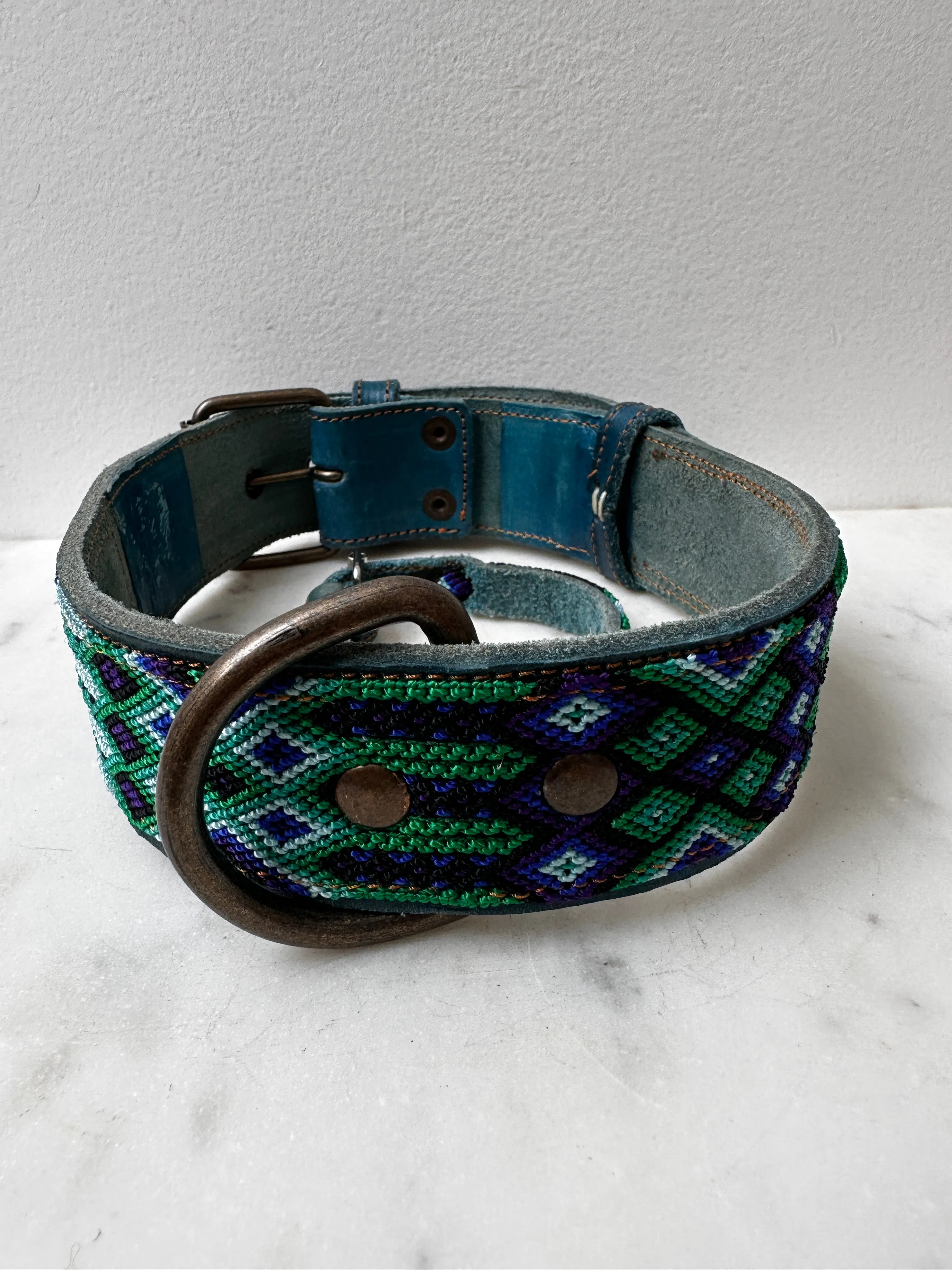 Huichol Leather Wide Dog Collar L7