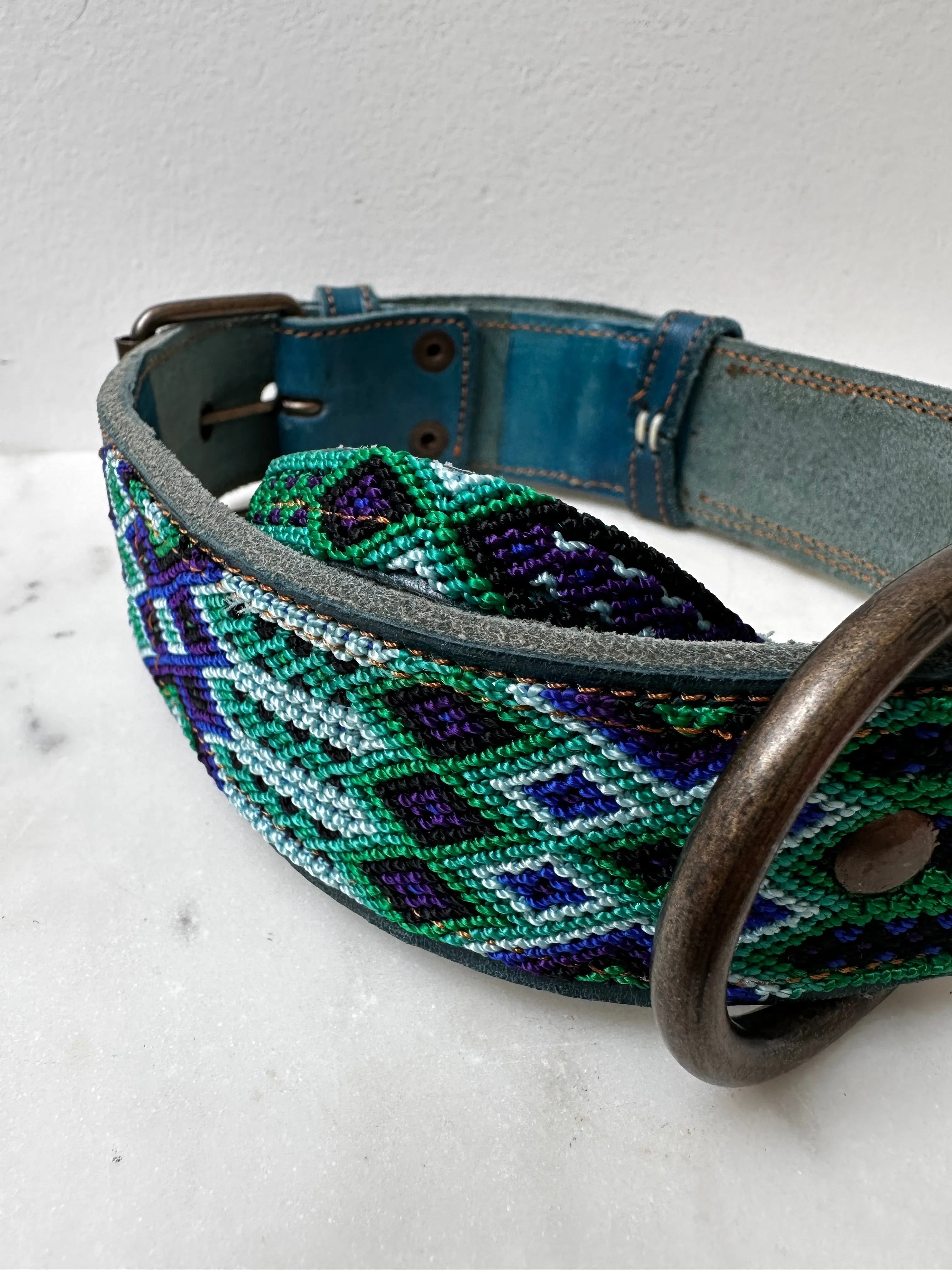 Huichol Leather Wide Dog Collar L7