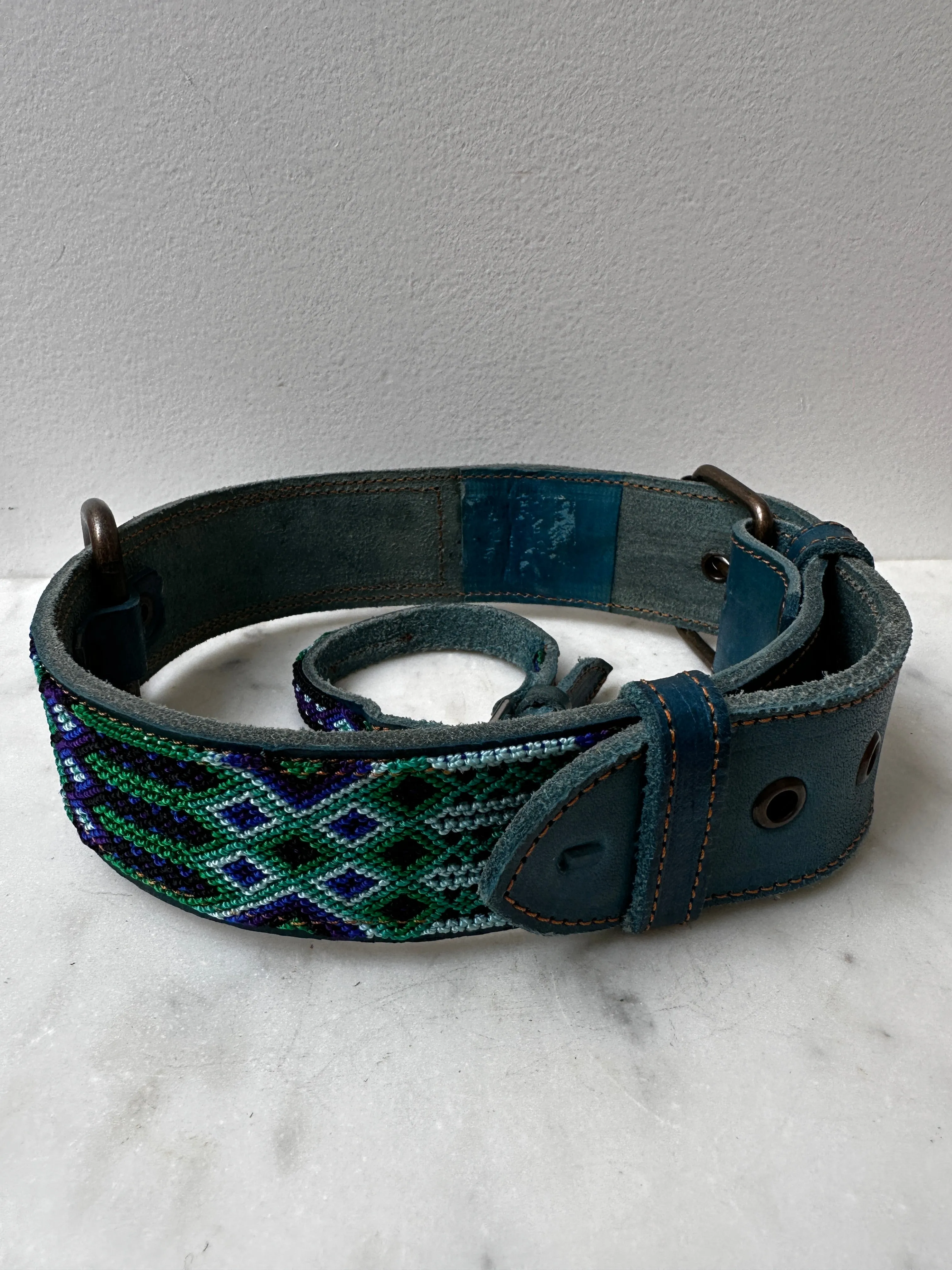 Huichol Leather Wide Dog Collar L7