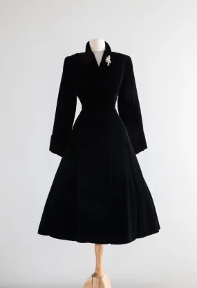 Iconic Late 1940's NEW LOOK Black Velvet Princess Coat With Full Skirt / Medium