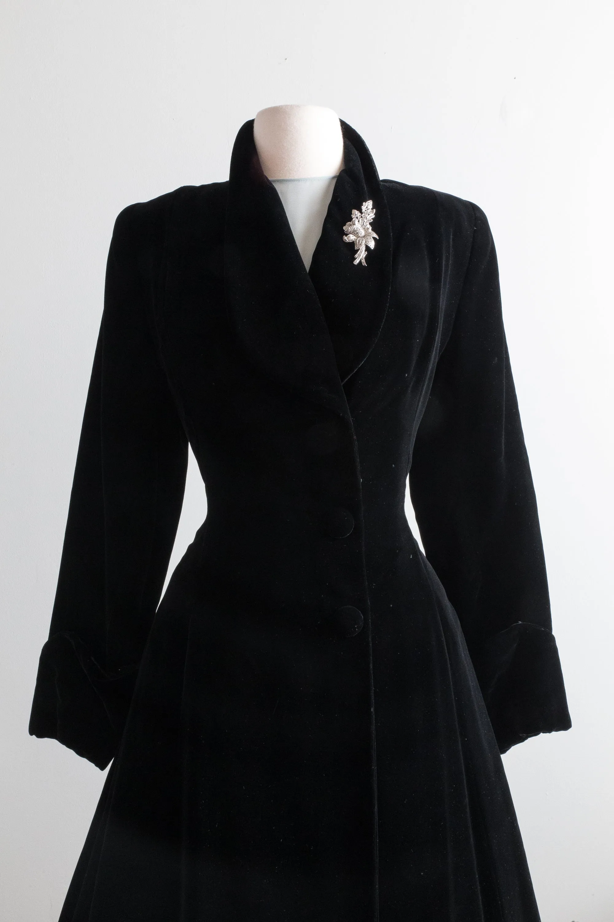 Iconic Late 1940's NEW LOOK Black Velvet Princess Coat With Full Skirt / Medium
