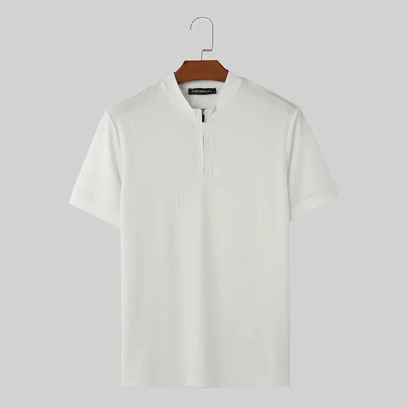 INCERUN Männer T Shirt Einfarbig Zipper Oansatz Kurzarm Casual Männer Kleidung Streetwear 2024 Koreanischen Stil Männliche T Tops S-5XL