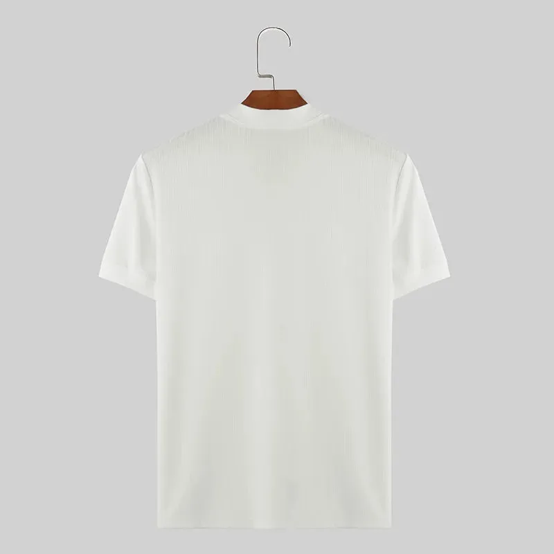 INCERUN Männer T Shirt Einfarbig Zipper Oansatz Kurzarm Casual Männer Kleidung Streetwear 2024 Koreanischen Stil Männliche T Tops S-5XL