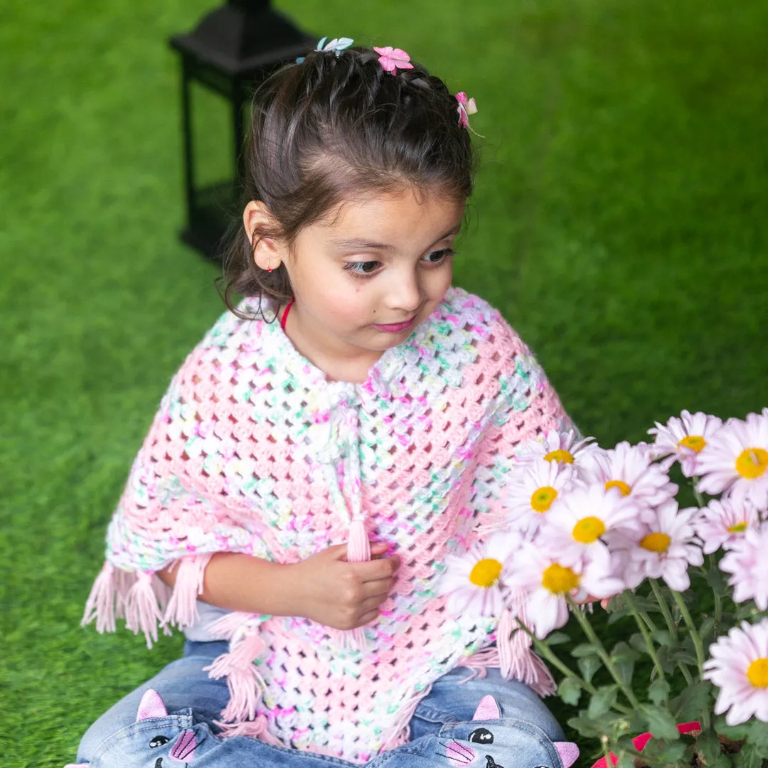 Infant's pink & shaded hand-knitted woollen poncho For Girl's