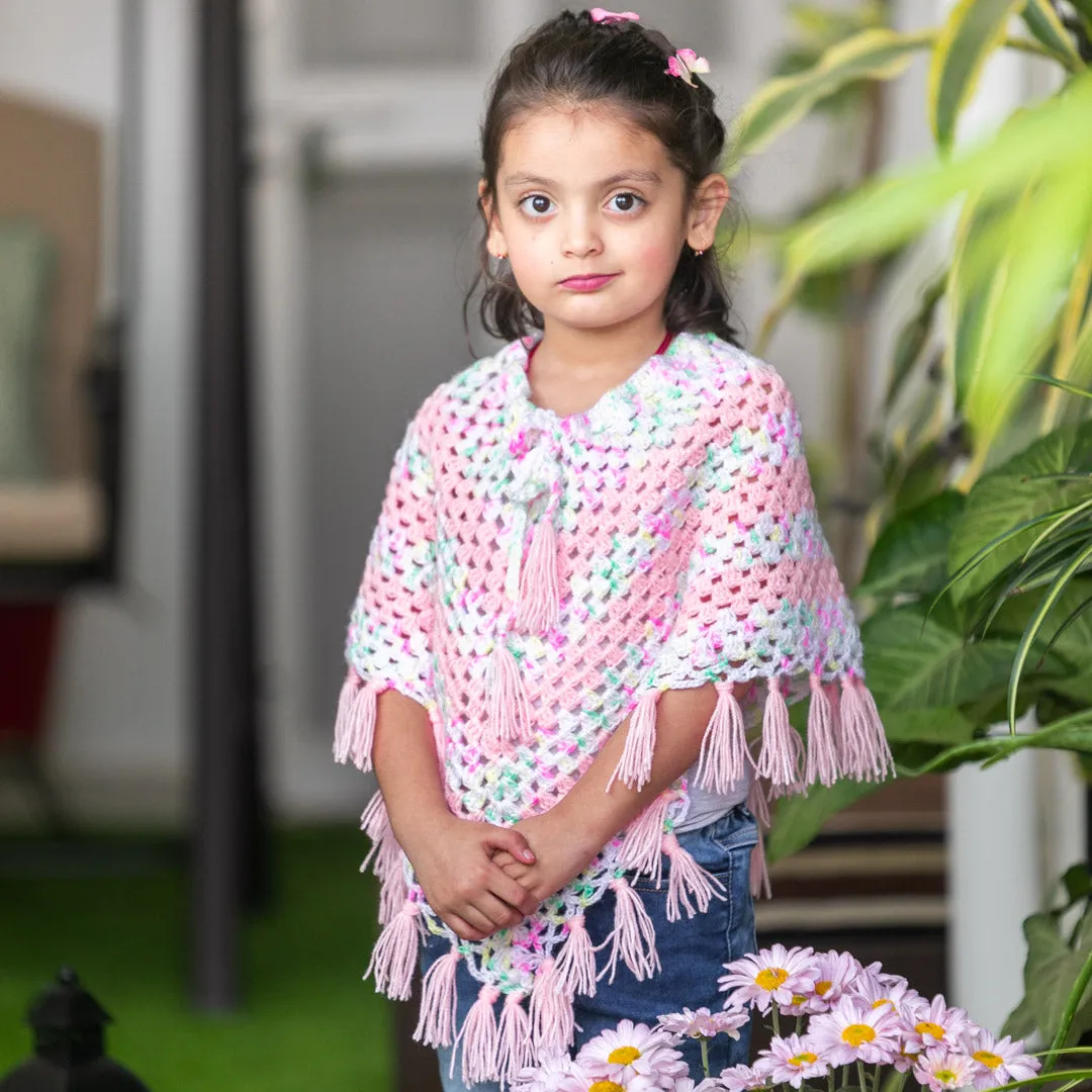 Infant's pink & shaded hand-knitted woollen poncho For Girl's