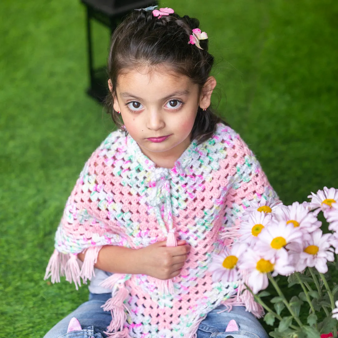Infant's pink & shaded hand-knitted woollen poncho For Girl's