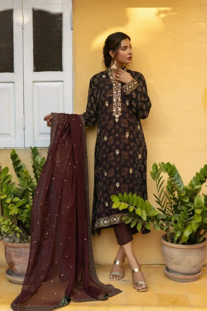 Insia Sohail - Ajrak Kurta - Earthly brown - 3 Piece - Chiffon