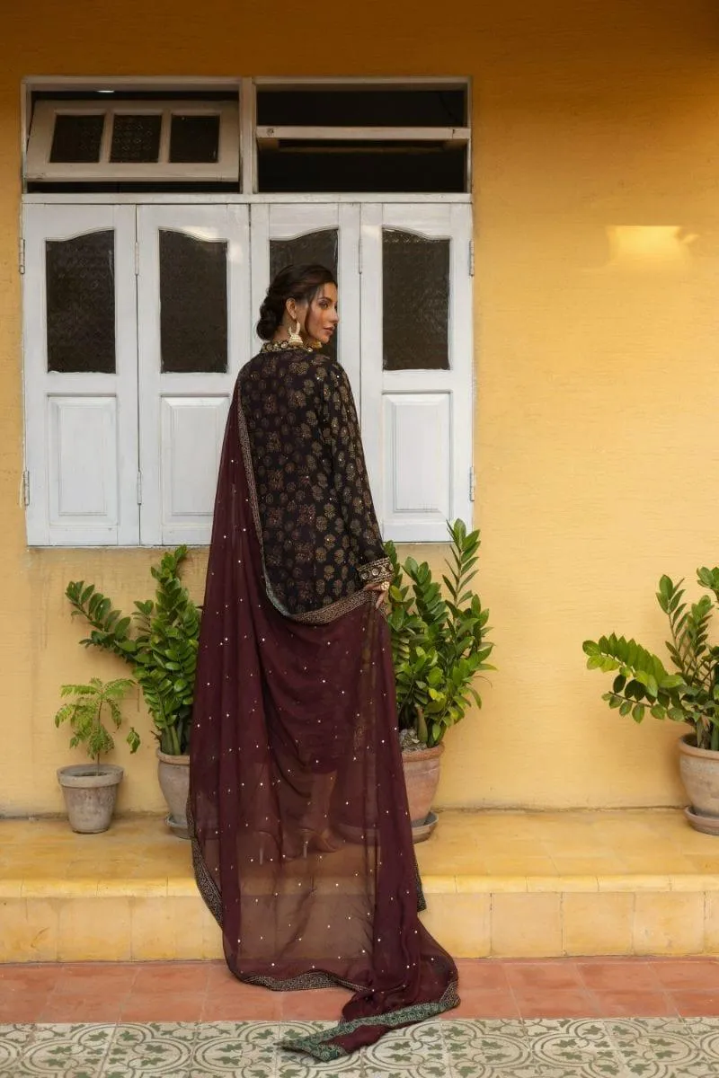 Insia Sohail - Ajrak Kurta - Earthly brown - 3 Piece - Chiffon