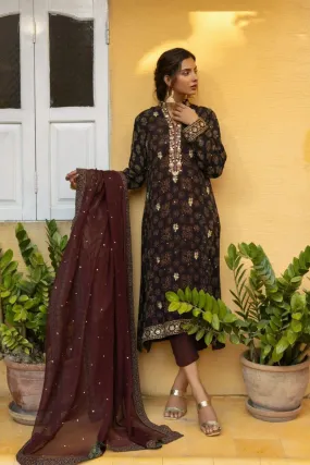 Insia Sohail - Ajrak Kurta - Earthly brown - 3 Piece - Chiffon