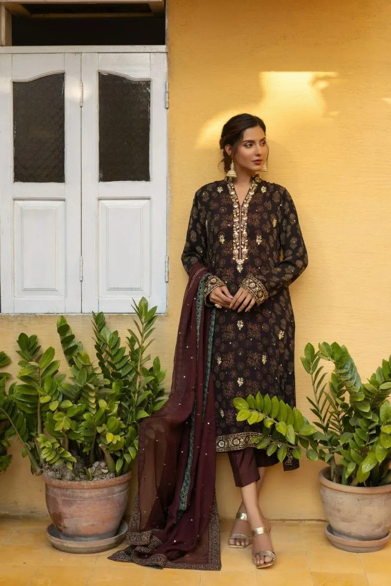 Insia Sohail - Ajrak Kurta - Earthly brown - 3 Piece - Chiffon