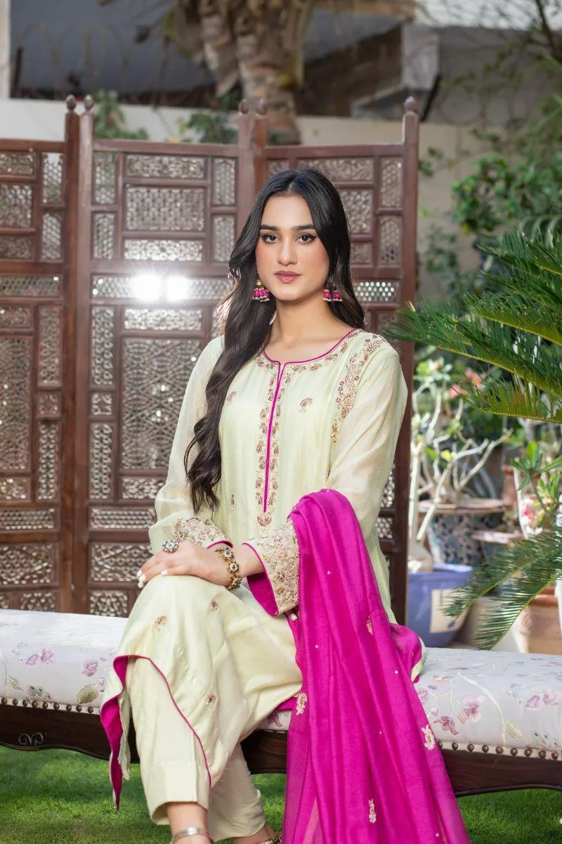 Khayal By Shaista Hasan - Olive green and Magenta - Pure Silk - 3 Piece