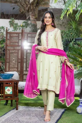 Khayal By Shaista Hasan - Olive green and Magenta - Pure Silk - 3 Piece