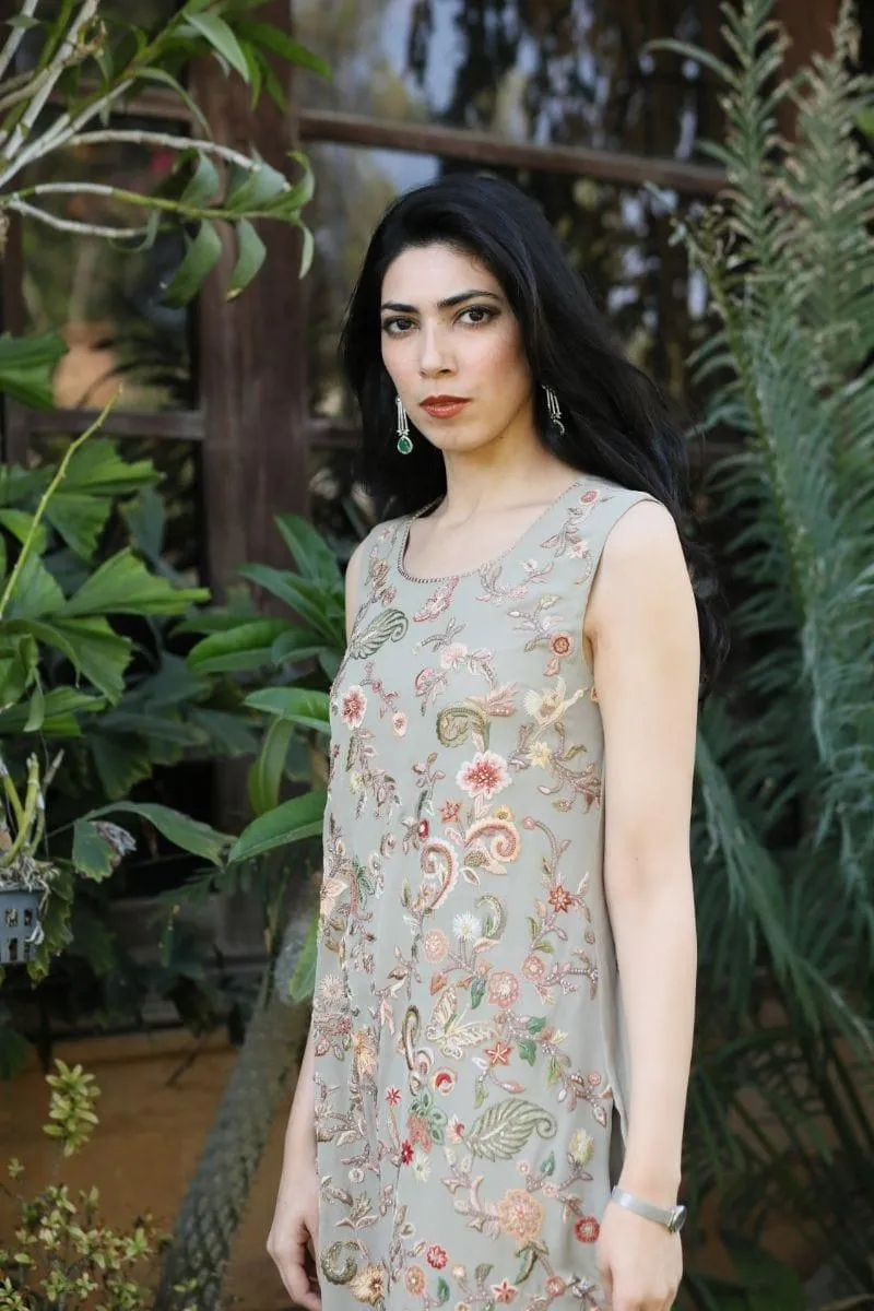 Khayal BY SHAISTA HASSAN - Grey with Peach Threadwork with Straight Pant - 3 Piece