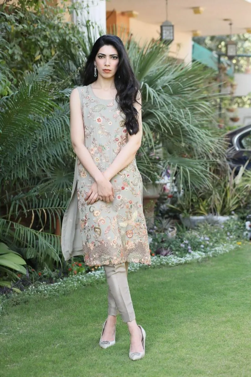 Khayal BY SHAISTA HASSAN - Grey with Peach Threadwork with Straight Pant - 3 Piece