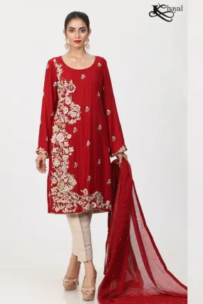 Khayal BY SHAISTA HASSAN - Red cotton silk straight shirt with threadwork and staight pants and duppata - 3 Piece
