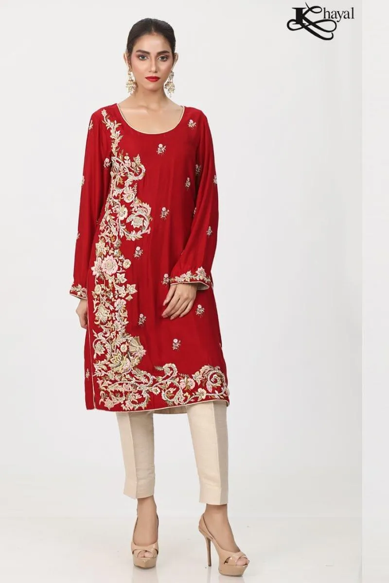 Khayal BY SHAISTA HASSAN - Red cotton silk straight shirt with threadwork and staight pants and duppata - 3 Piece