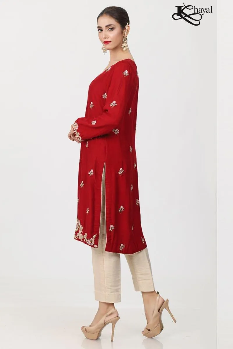 Khayal BY SHAISTA HASSAN - Red cotton silk straight shirt with threadwork and staight pants and duppata - 3 Piece