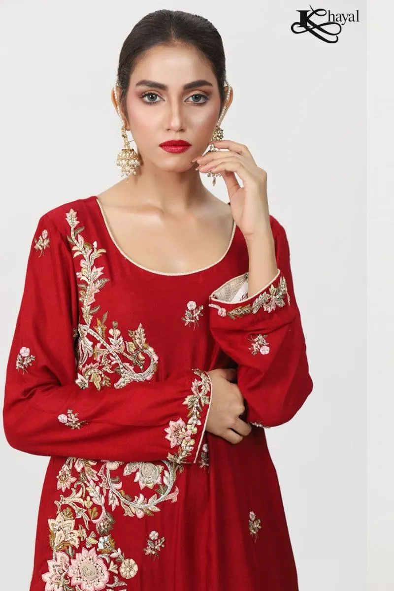 Khayal BY SHAISTA HASSAN - Red cotton silk straight shirt with threadwork and staight pants and duppata - 3 Piece