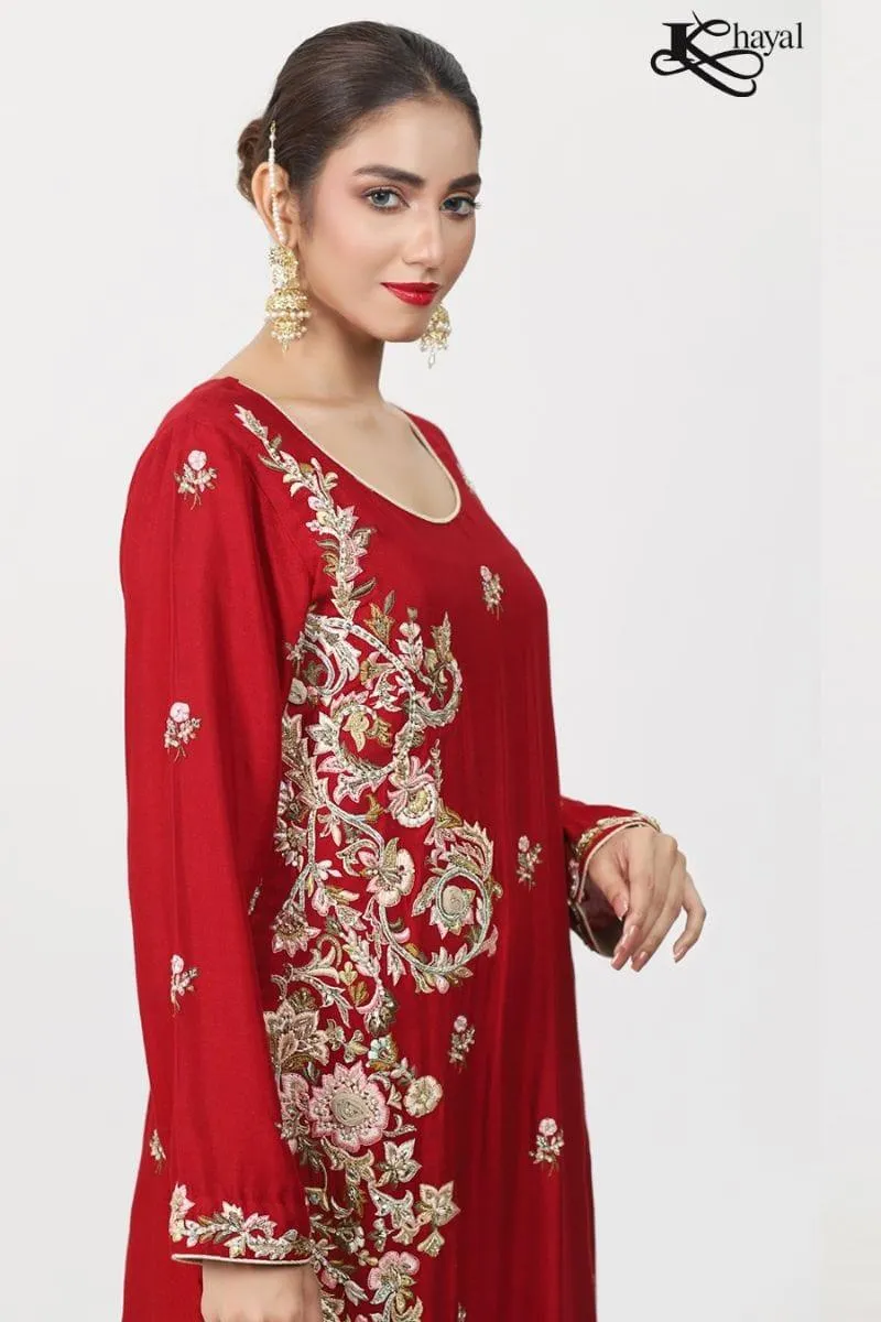 Khayal BY SHAISTA HASSAN - Red cotton silk straight shirt with threadwork and staight pants and duppata - 3 Piece