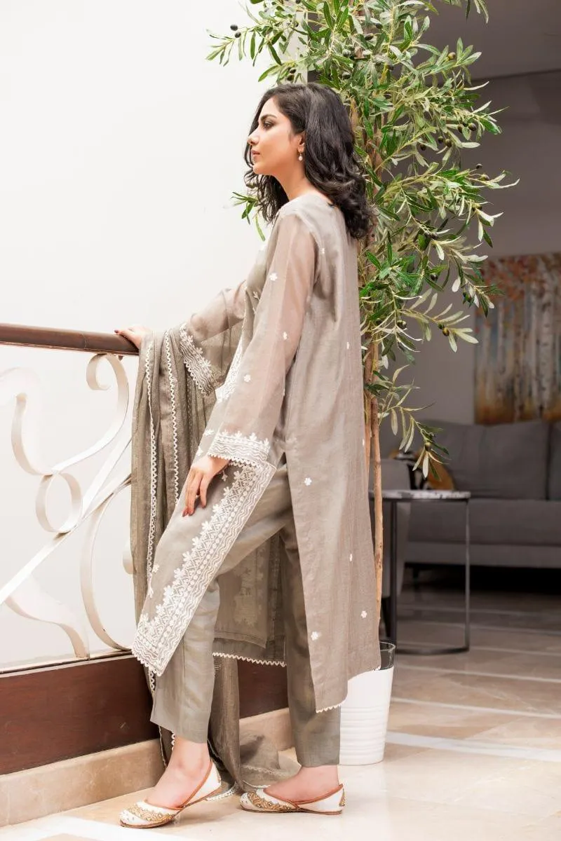 Kuli Jume - Pastel Khamak - Grey & Cream - Silk - 3 Piece