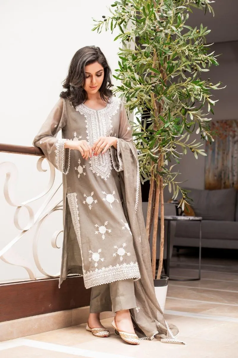 Kuli Jume - Pastel Khamak - Grey & Cream - Silk - 3 Piece