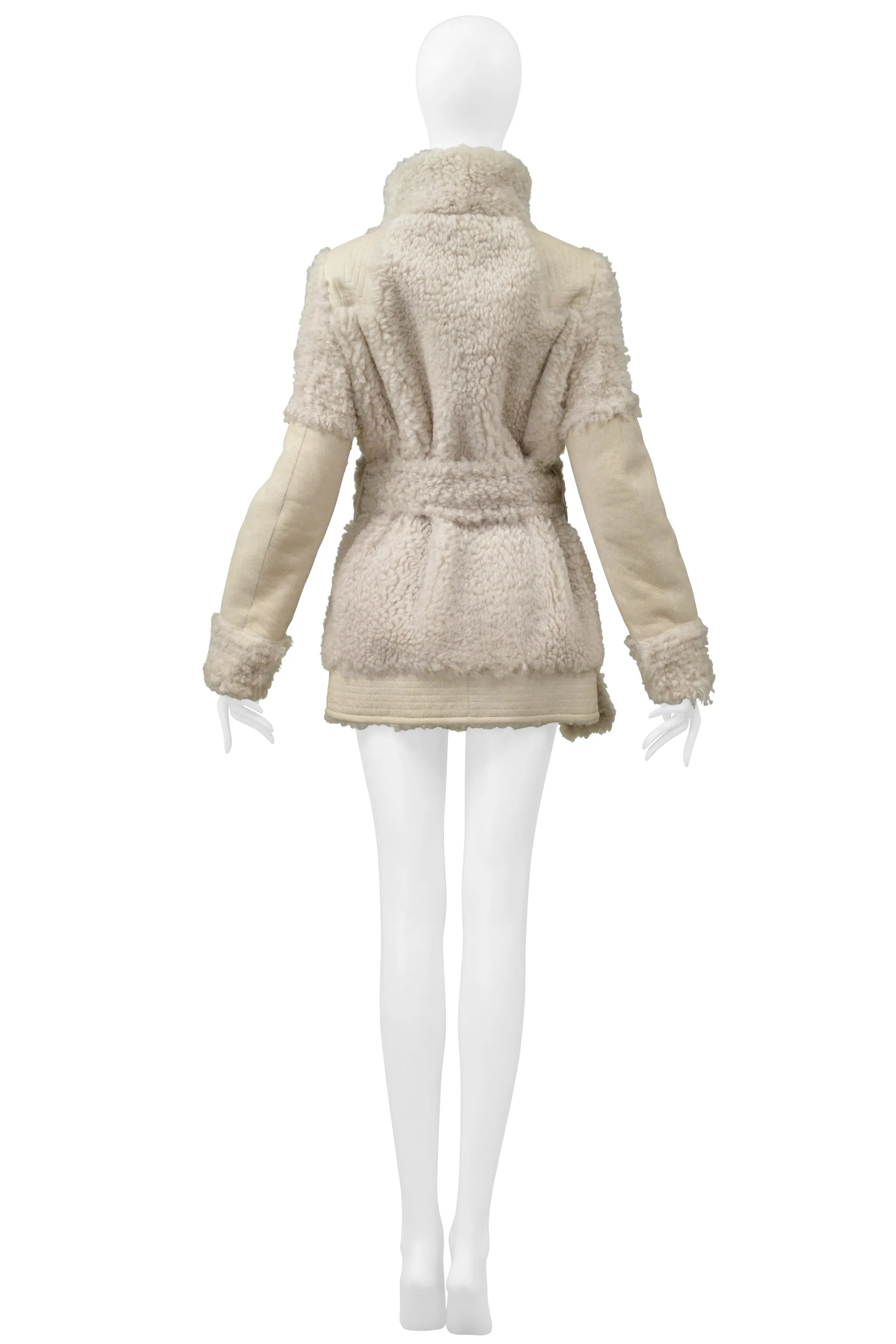 LANVIN OFF WHITE SUEDE & SHEARLING COAT WITH BELT