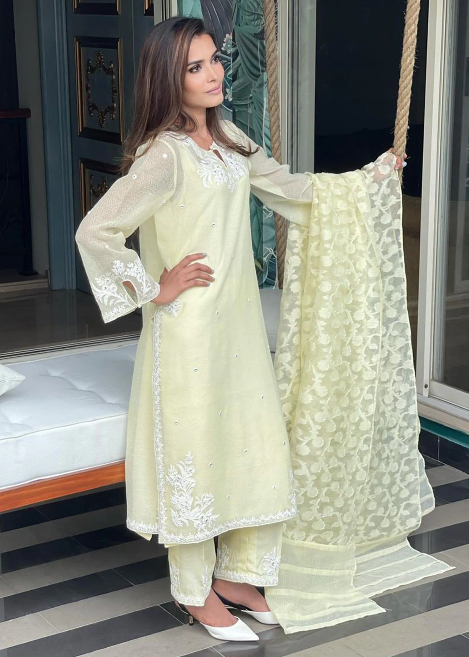 Maheen Trends - Summer zest - Lime Yellow - 3 Piece - Organza