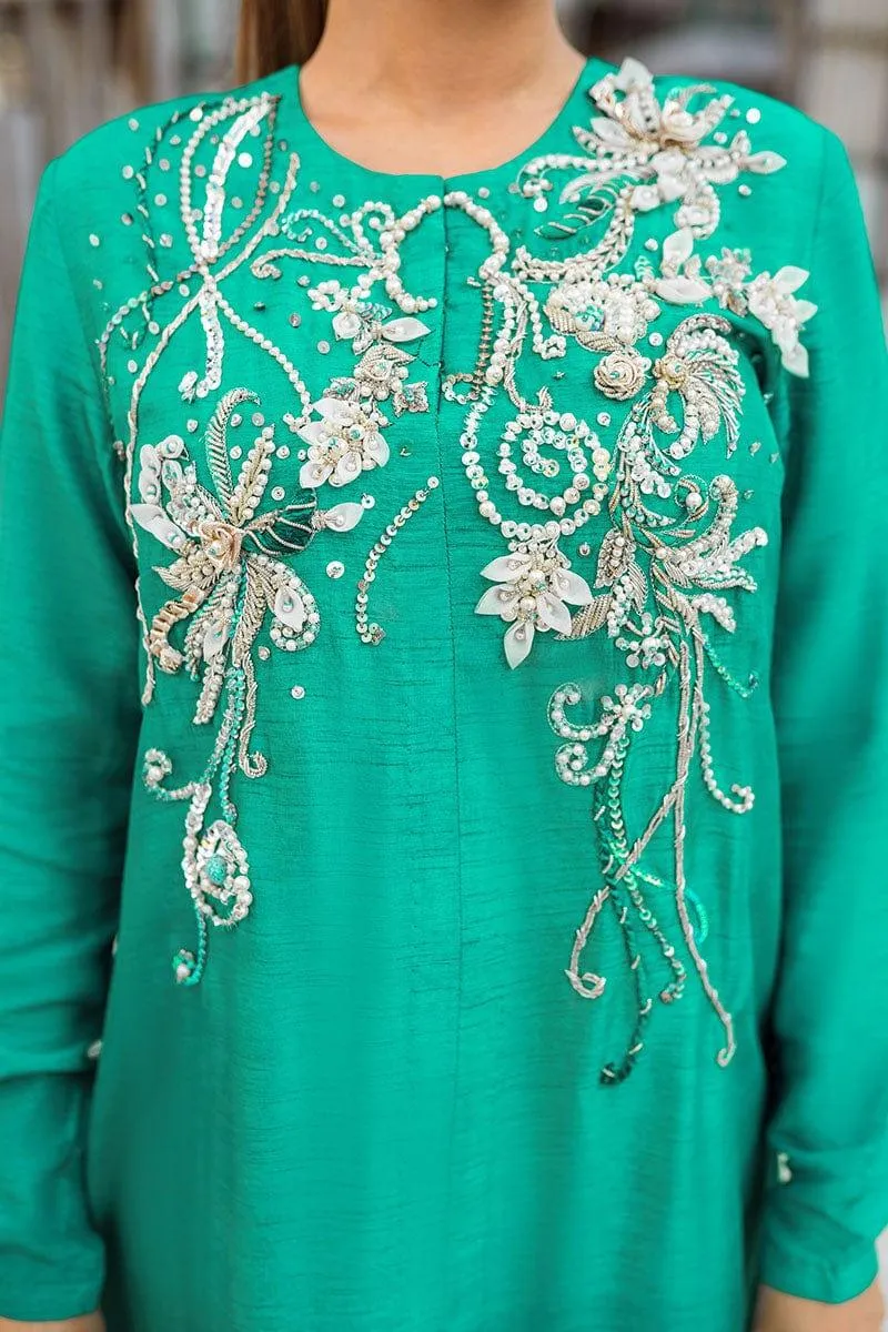 Malook - Azmaray - Green -Raw Silk - 2 Piece