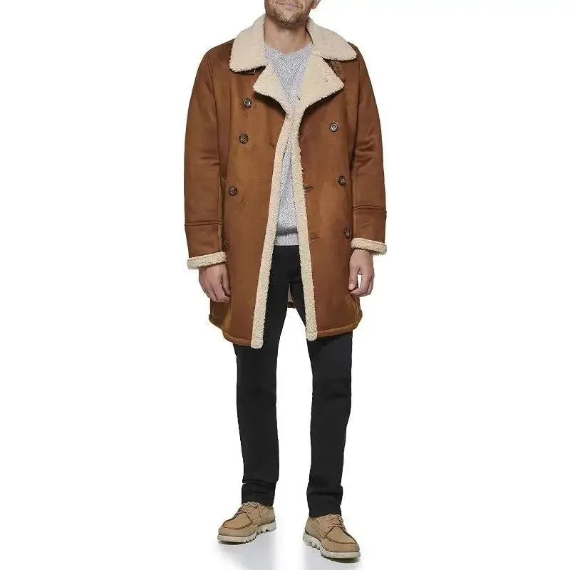 Men's Tan Brown Suede Shearling Leather Coat