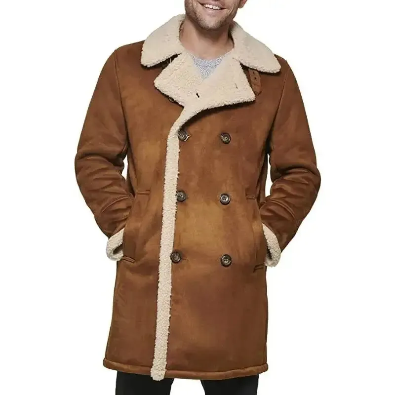 Men's Tan Brown Suede Shearling Leather Coat